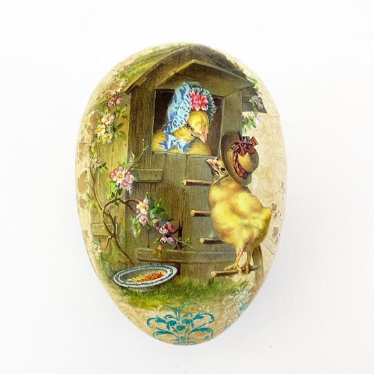 4-1/2" Tan Papier Mache Easter Egg Container with Vintage Chicks ~ Germany